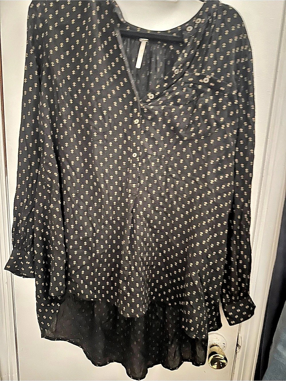 Free People Black Printed Tunic High Low Button Front Blouse Shirt Rayon